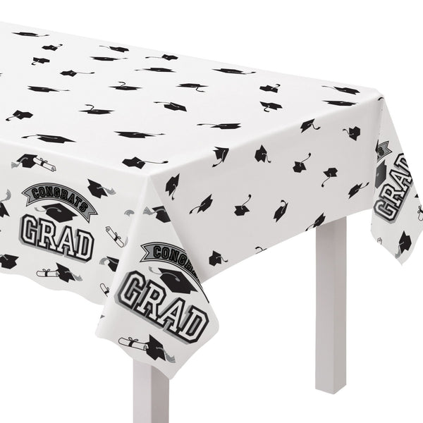 "Congrats Grad" Rectangle Plastic Reusable Table Cover, Black/White, 54x84-in, for Graduation Q4V0