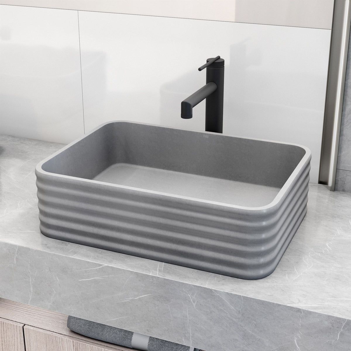 Cadman ConcretoStone 18-in Deep Grey Bathroom Sink/Basin with Rectangular Fluted Vessel Q6T0 - product image 6
