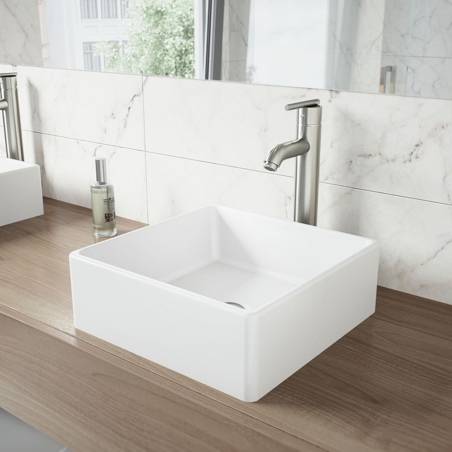 Dianthus Matte Stone Square Vessel Bathroom Sink, Above-Counter Installation, White M1L7 - product image 6