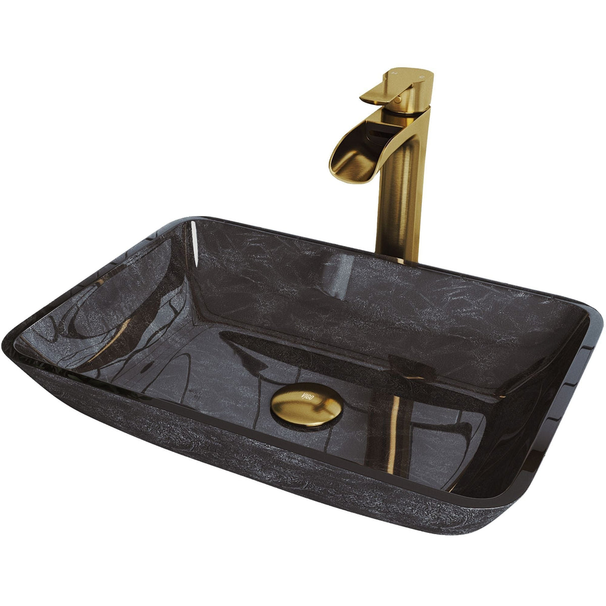 Glass Grey Onyx Bathroom Sink/Basin Set with Matte Gold Niko Faucet and Rectangular Vessel G2A5 - product image 1