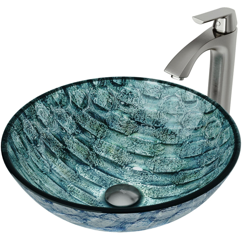 Glass Oceania Blue Bathroom Sink/Basin Set with Linus Faucet and Round Vessel N2R8