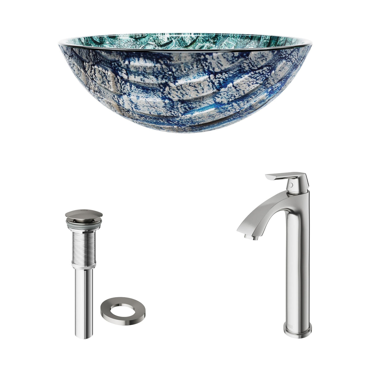 Glass Oceania Blue Bathroom Sink/Basin Set with Linus Faucet and Round Vessel N2R8 - product image 2