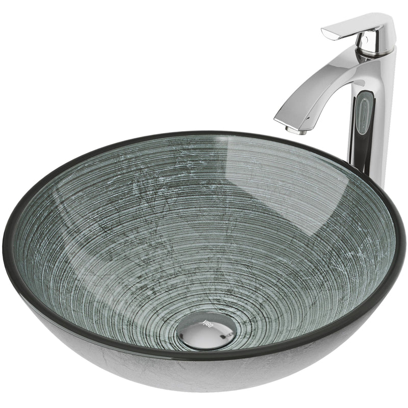 Glass Simply Silver Bathroom Sink/Basin Set with Linus Faucet and Round Vessel W1V0