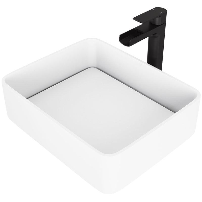 Jasmine MatteStone White Bathroom Sink/Basin Set with Amada Faucet and Rectangular Composite Vessel A3L1