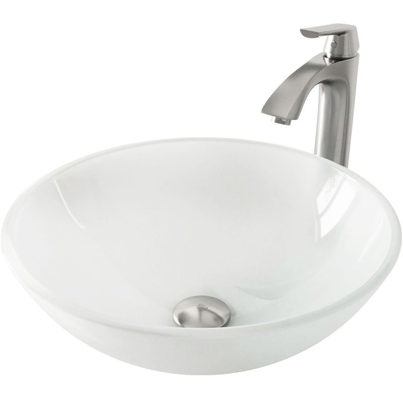 White Frost White Bathroom Sink/Basin Set with Linus Faucet and Round Glass Vessel U8B5