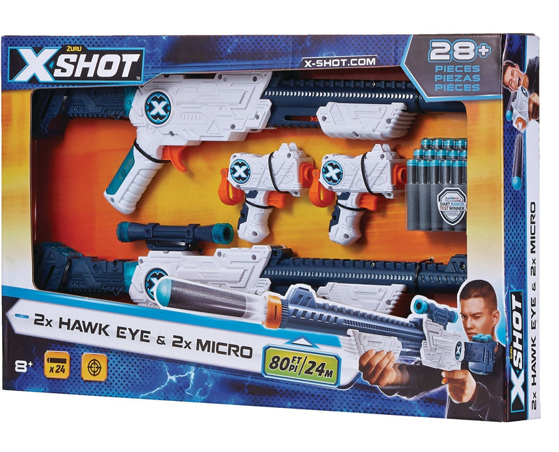 X-Shot Double Hawk Eye & Micro Foam Dart Blaster Combo Pack with 24 Darts, Ages 8+ T3A7